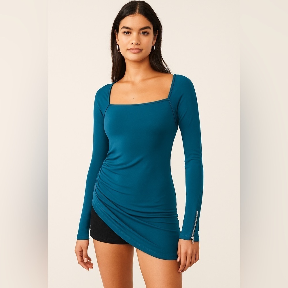 NWT Ann Taylor Teal Square Neck Long Sleeve Ruched-Sides Zipper Wrist Top Size S